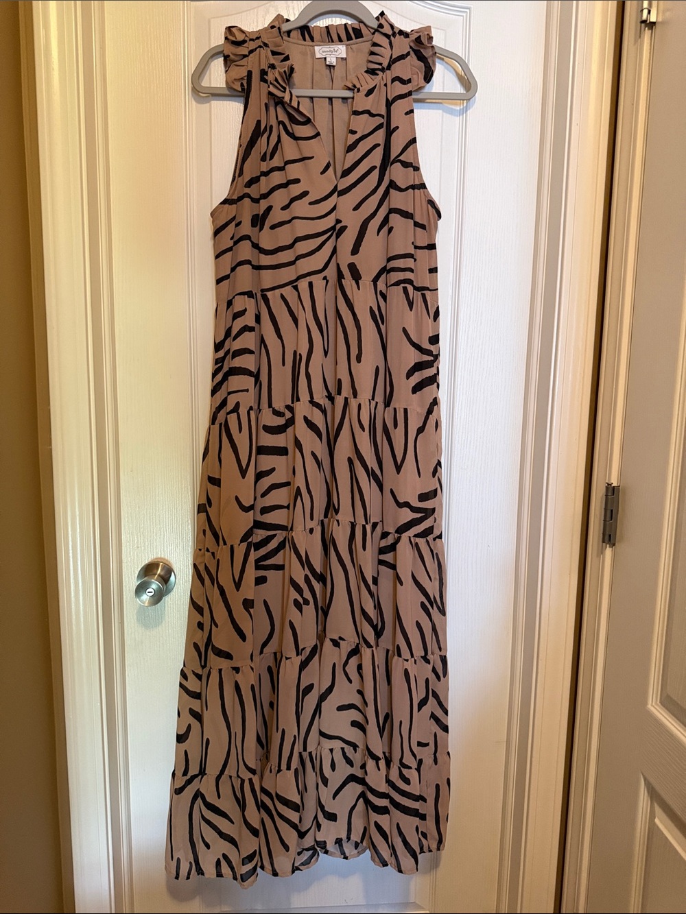 Mud Pie Taupe and Black Zebra-Print Ruffle Maxi Dress